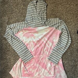 LuLaRoe Pink and Gray Striped Hoodie with Tie-Dye Design